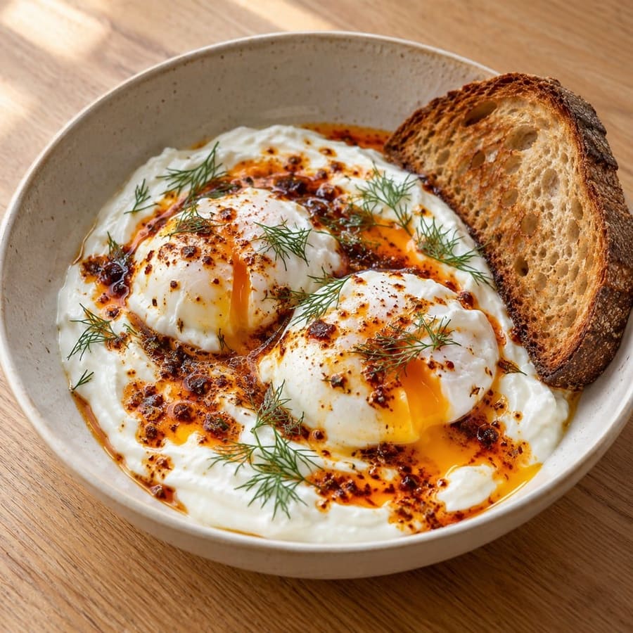 Uova turche con yogurt all’aglio e burro al peperoncino
