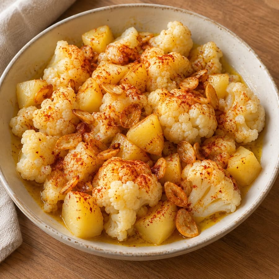Blumenkohl mit Kartoffeln und Knoblauch-Paprika-Essig-Dressing (Ajada)