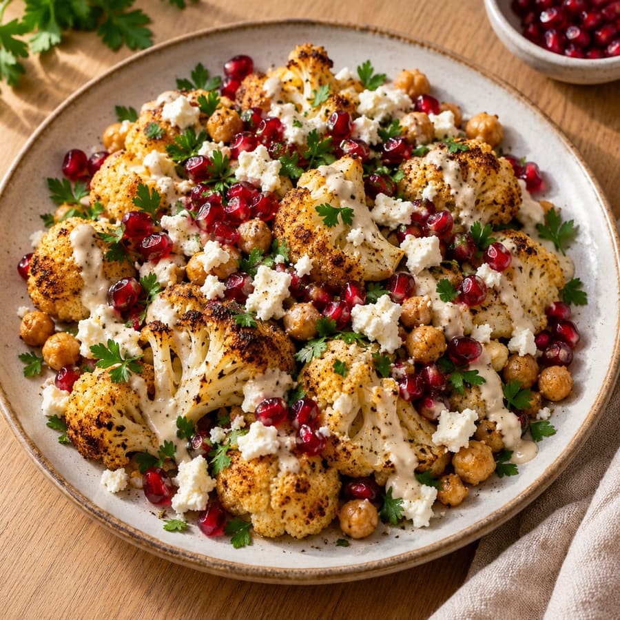 Gebratener Blumenkohl mit Tahini, Granatapfel und Feta