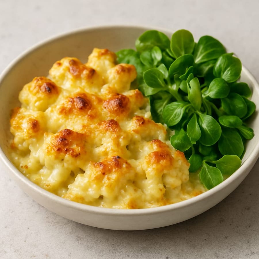 Überbackener Blumenkohl mit Käse und Feldsalat