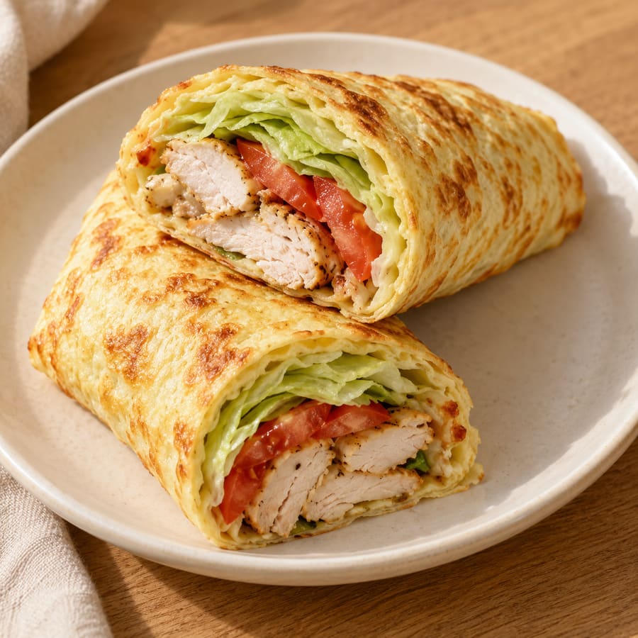 Hüttenkäse-Wrap mit Hähnchen, Salat und Tomate