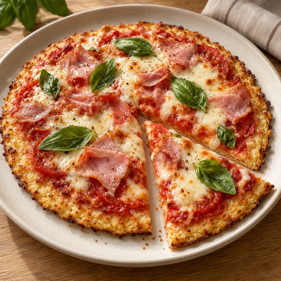 Hüttenkäse-Pizza mit Tomate, Mozzarella und Kochschinken