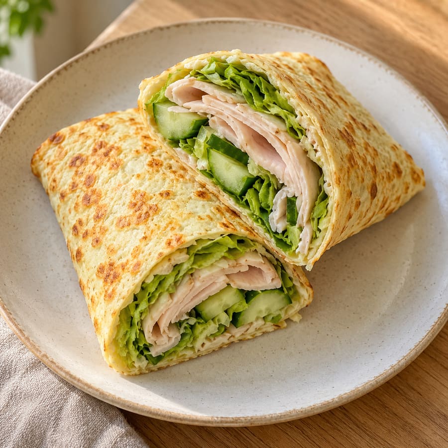 Hüttenkäse-Wrap mit Putenaufschnitt, Gurke und Salat