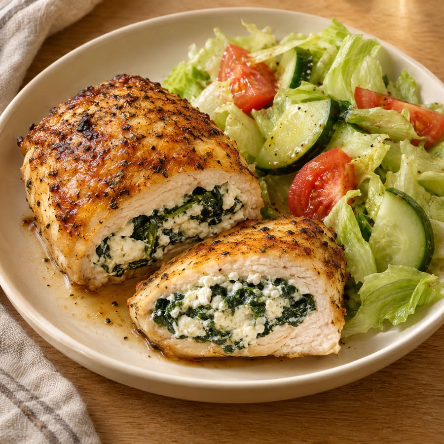 Hähnchenbrust gefüllt mit Hüttenkäse und Spinat, dazu Salat