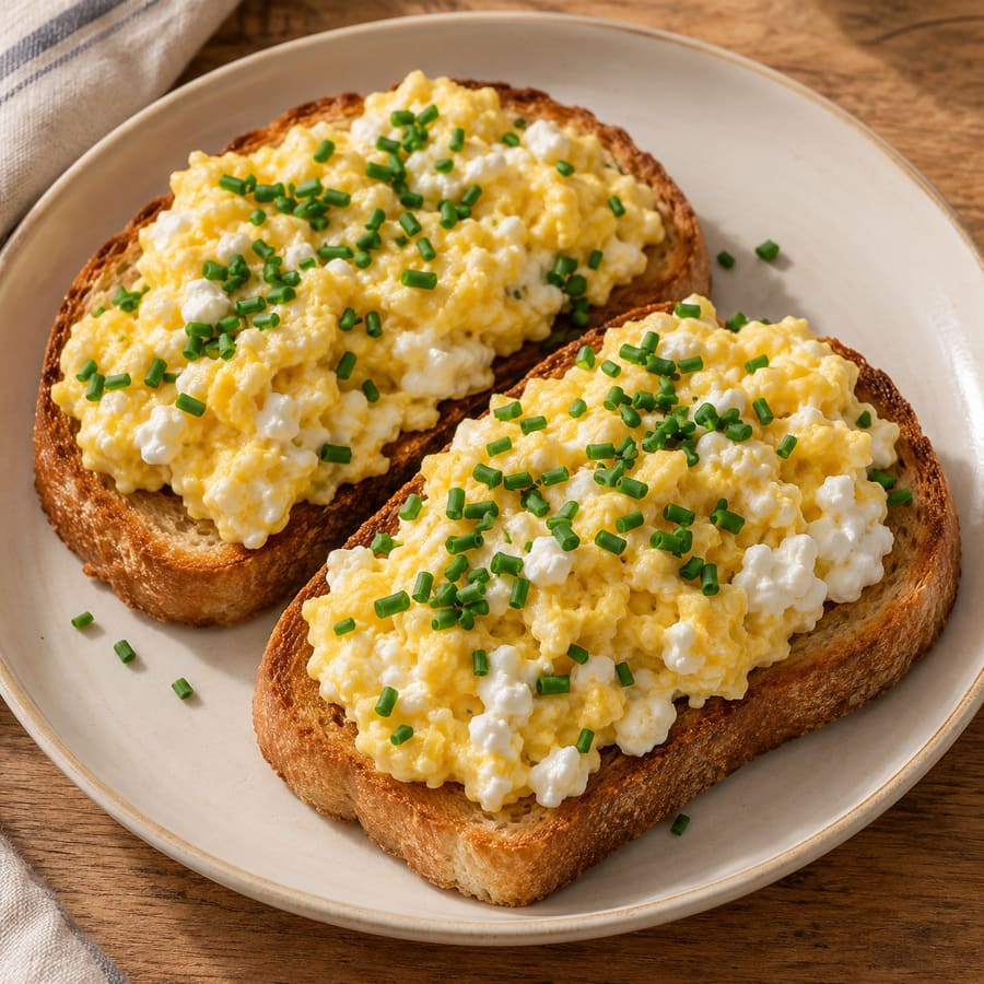Uova strapazzate cremose con fiocchi di latte su toast