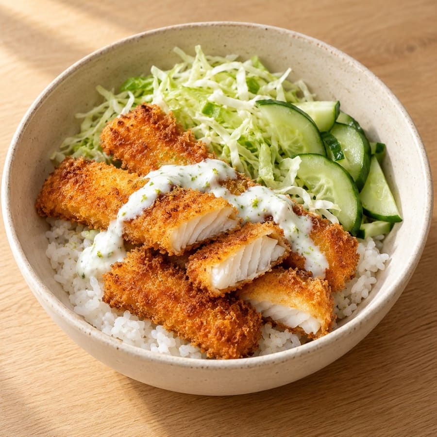 Reis-Bowl mit knusprigem Fisch und Limettenjoghurt