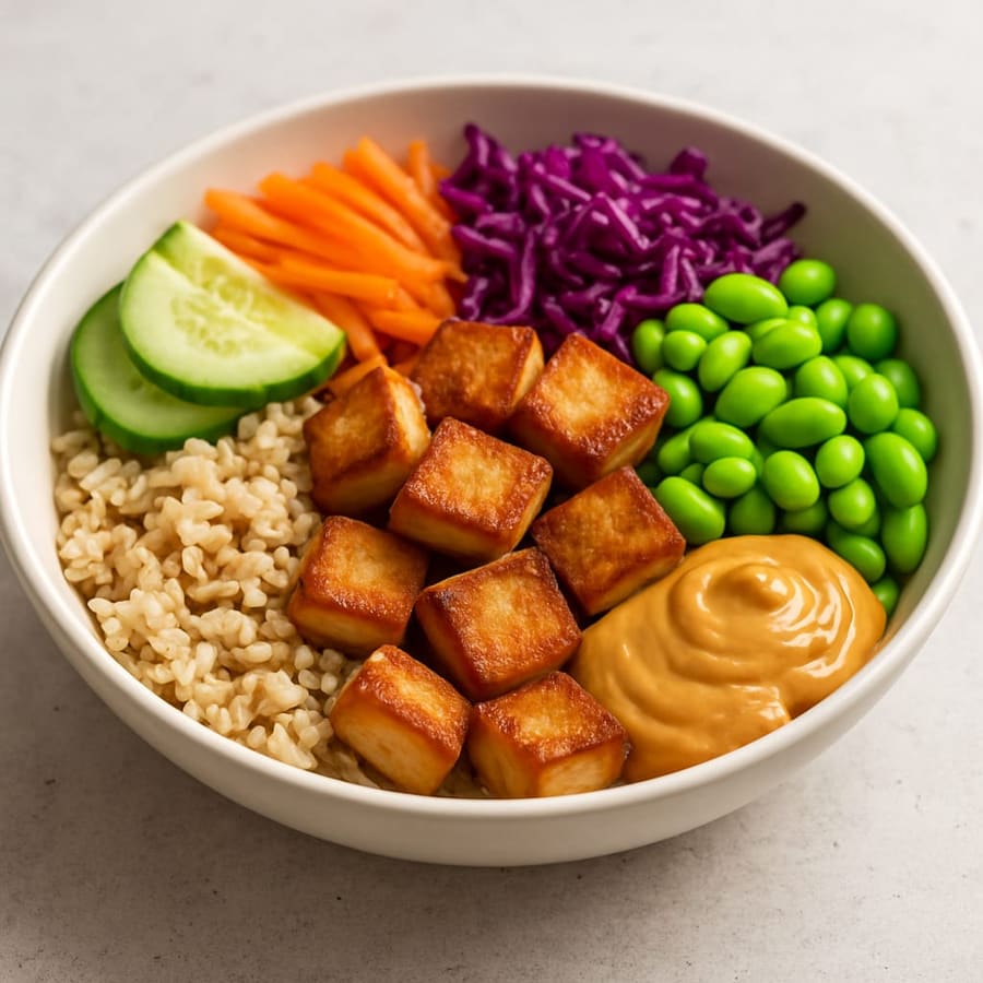 Knuspriger Tofu mit Vollkornreis, Gemüse und Erdnussdressing