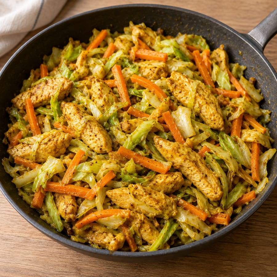 Curry-Hähnchen mit Weißkohl und Karotten