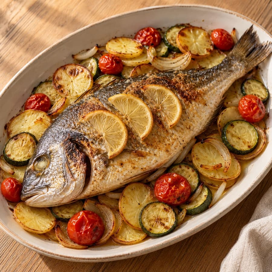 Dorade aus dem Ofen mit Kartoffeln, Zucchini und Tomaten