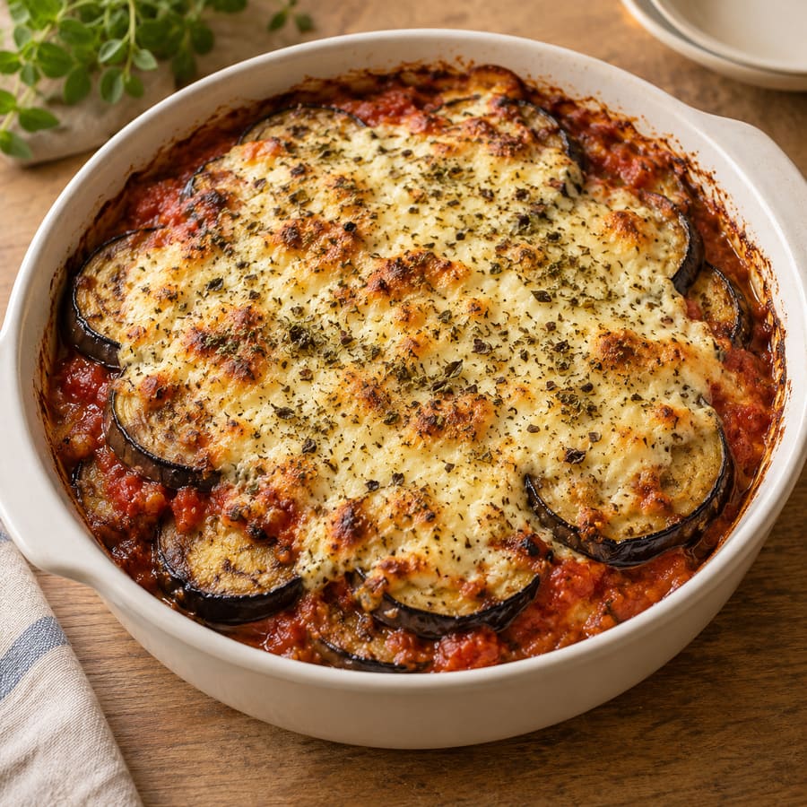 Überbackene Aubergine mit Tomaten und Quark-Ei-Haube
