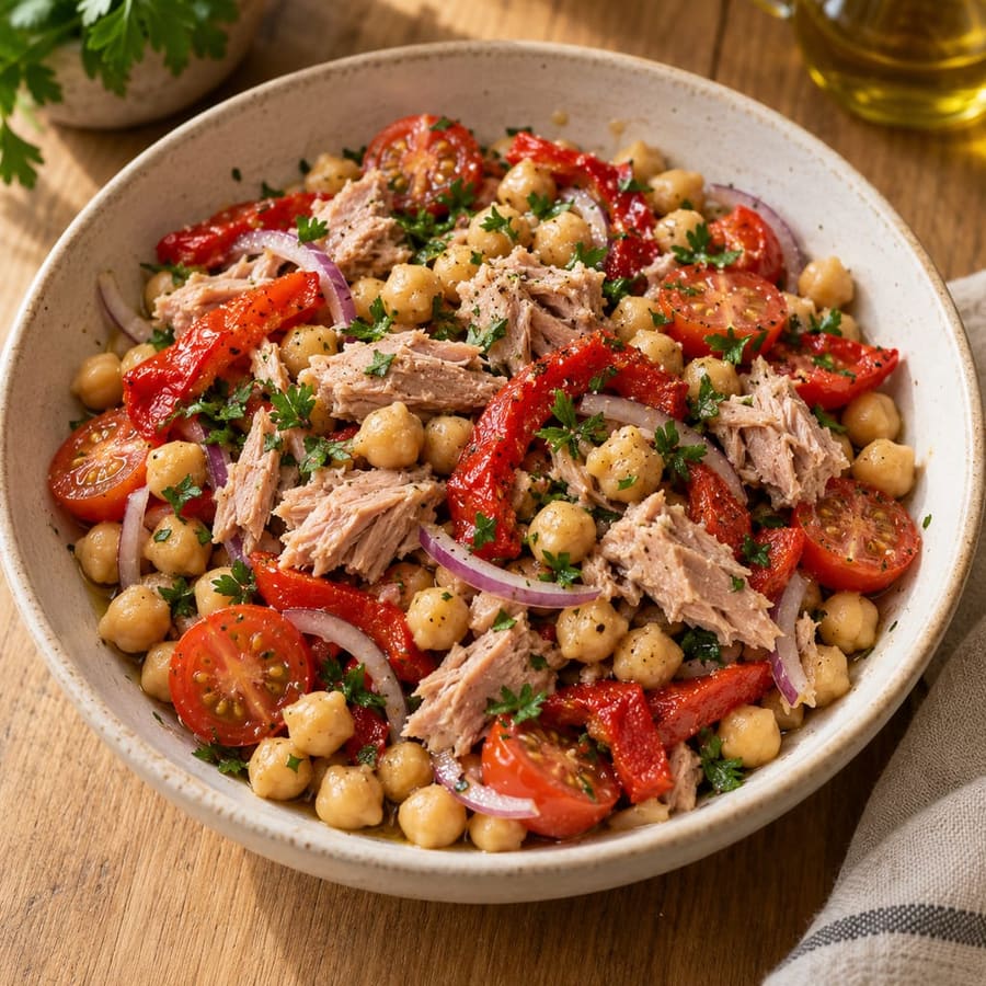 Kichererbsensalat mit Thunfisch, gerösteter Paprika und roter Zwiebel
