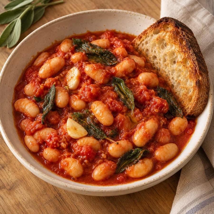 Toskanische weiße Bohnen all'uccelletto mit Salbei und Tomate, dazu geröstetes Brot