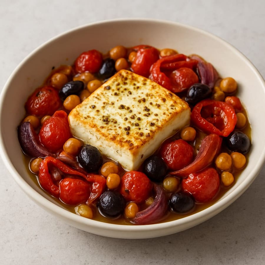 Ofen-Feta mit Tomaten, Paprika und Kichererbsen