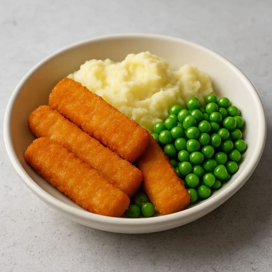 Fischstäbchen mit Kartoffelpüree und Erbsen