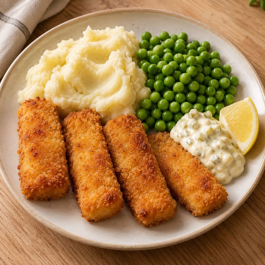 Fiskpinnar (Fischstäbchen) mit Kartoffelpüree, Erbsen und kalter Remouladensauce