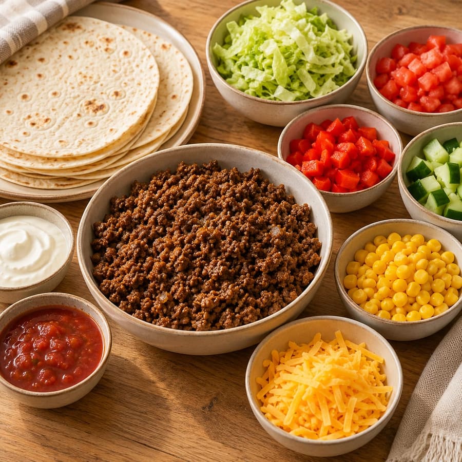 Fredagstaco (norwegische Freitags-Tacos) mit Rinderhack, frischem Gemüse und saurer Sahne
