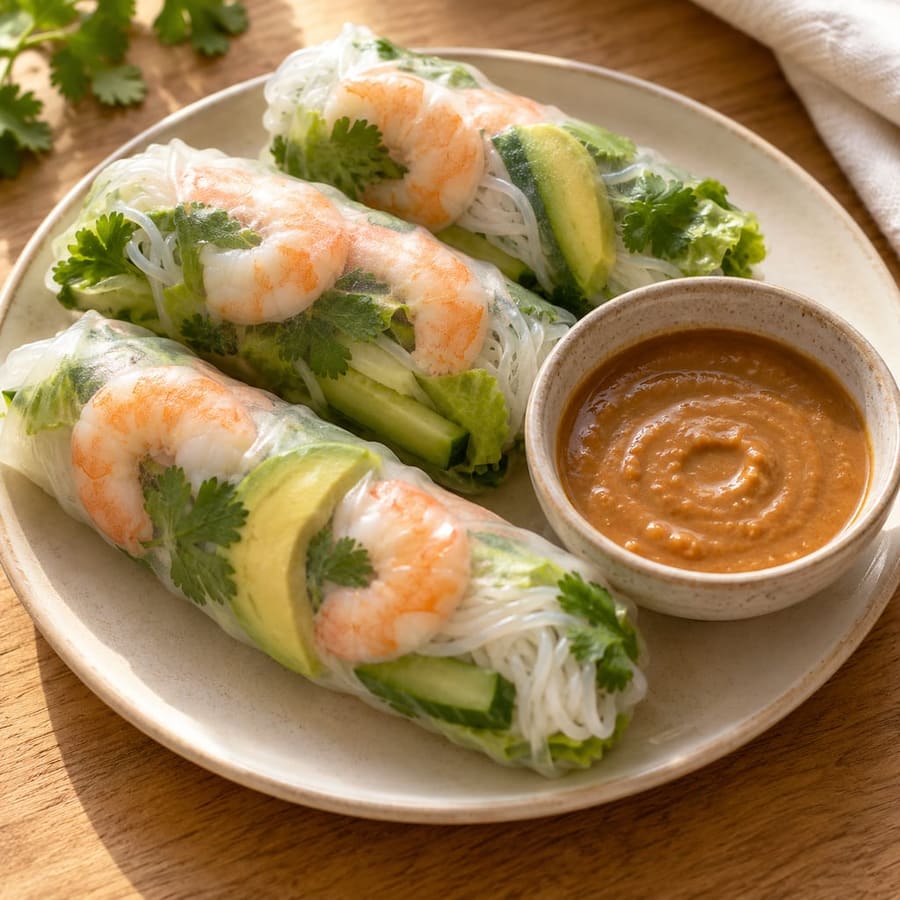 Frische Reispapierröllchen mit Garnelen, Avocado und Kräutern, Erdnuss-Soja-Dip