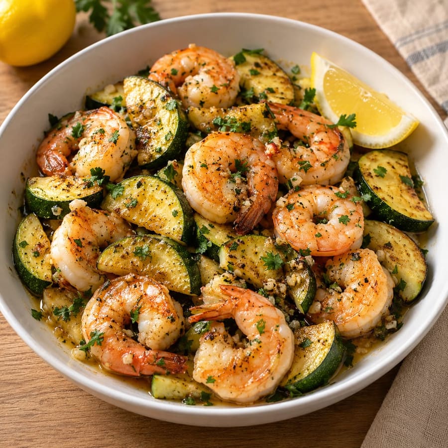 Gebratene Garnelen mit Zucchini, Knoblauch und Zitrone