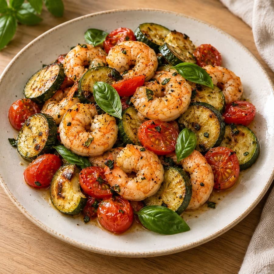 Gebratene Garnelen mit Zucchinischeiben, Kirschtomaten und Basilikum