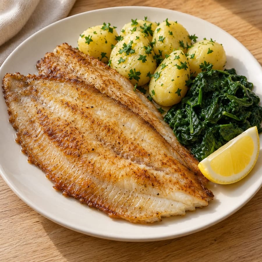Gebakken schol (gebratene Scholle mit Petersilienkartoffeln und Spinat)