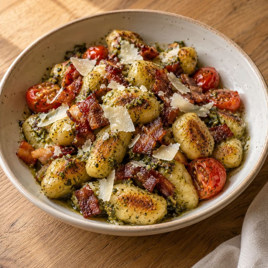 Gebratene Gnocchi mit Pesto, knusprigem Bacon und Kirschtomaten