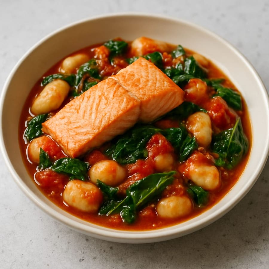 Gnocchi mit Tomaten, Spinat und frischem Lachs