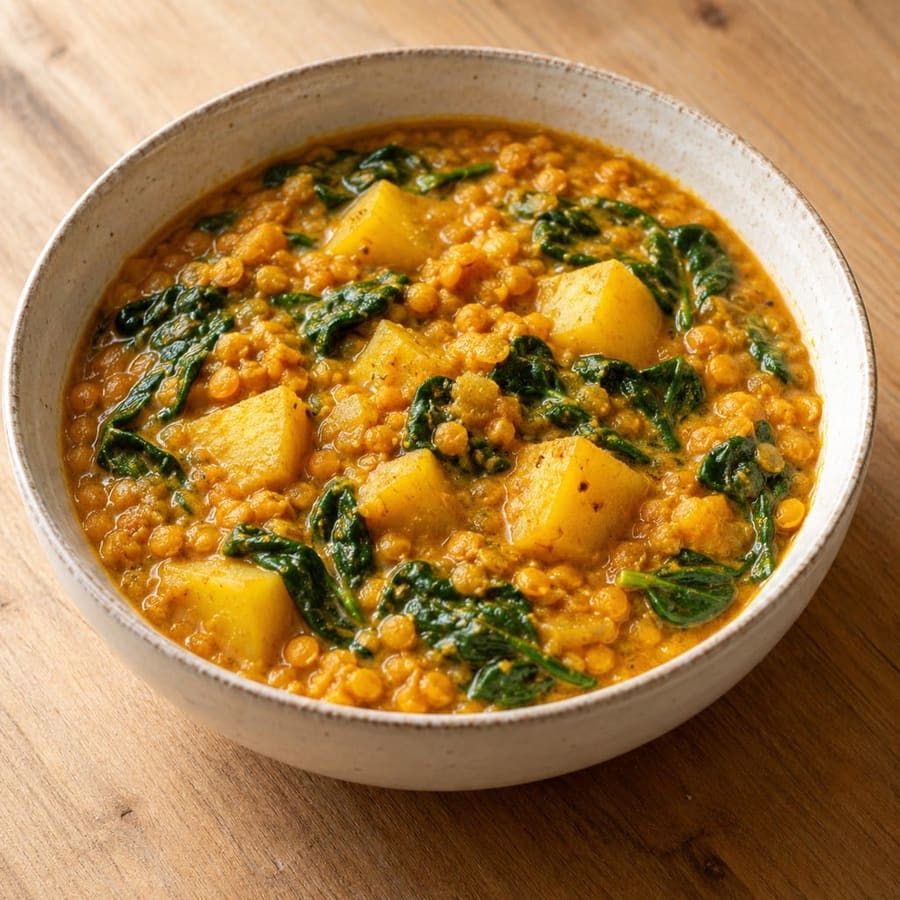 Goldenes Curry mit roten Linsen und Kartoffeln
