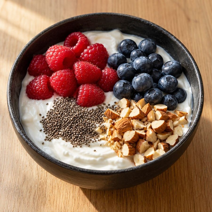 Greek yogurt with berries, chia and almonds