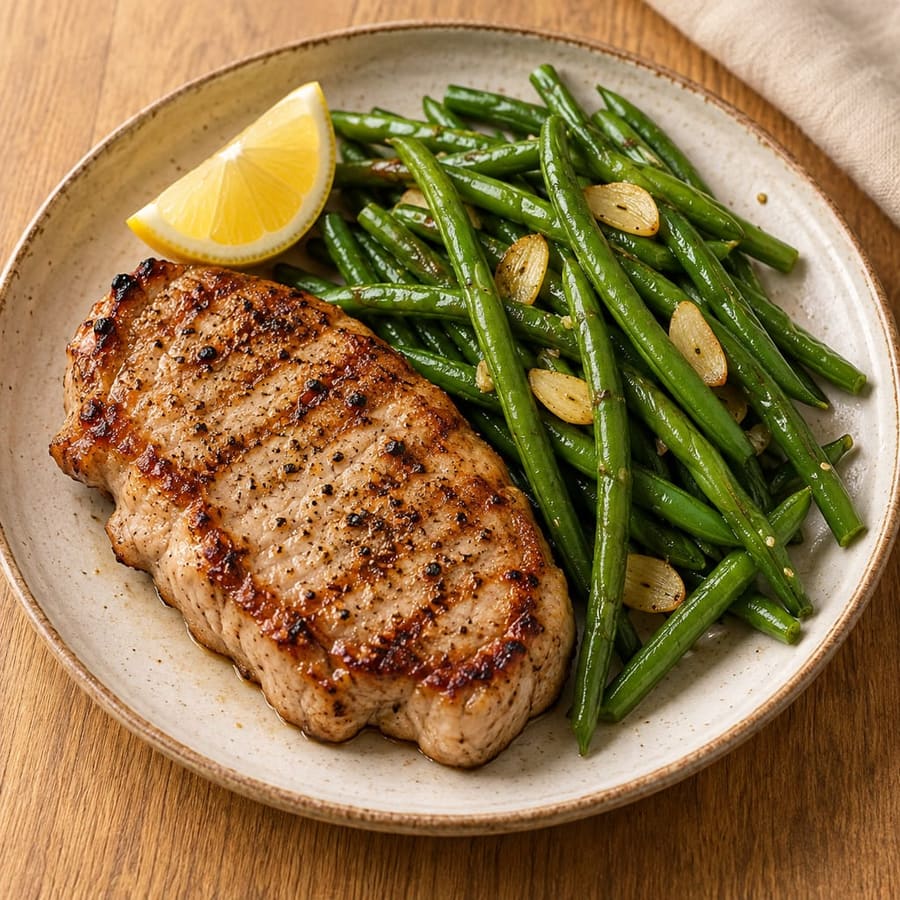 Gegrilltes Schweinefilet mit grünen Bohnen