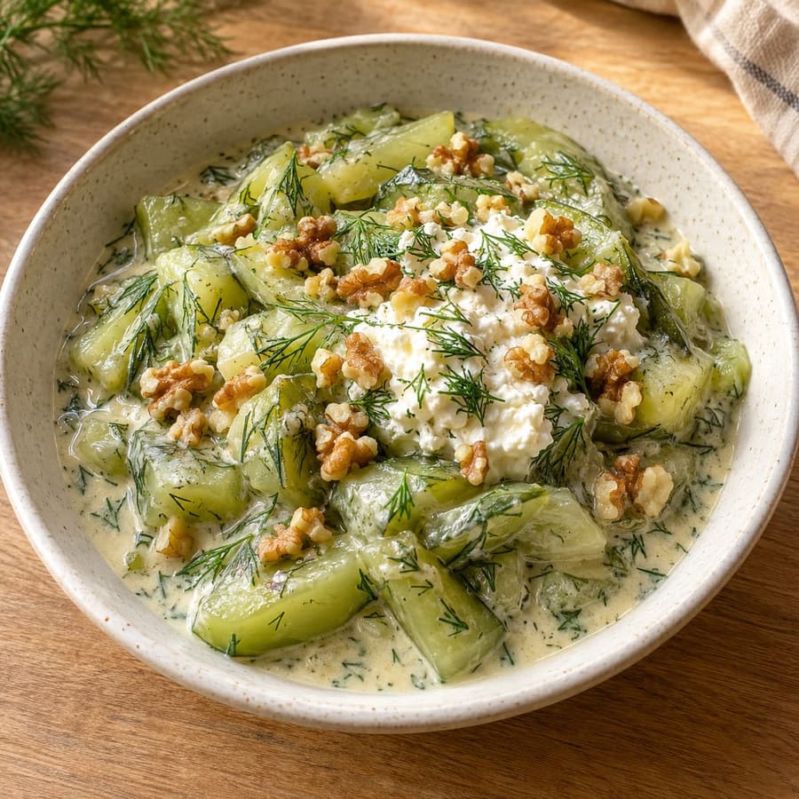 Gurkengemüse in Dillrahm mit Quark und Walnüssen