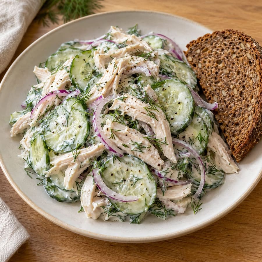 Gurkensalat mit Hähnchen, Joghurt-Dill-Dressing und Roggenbrot