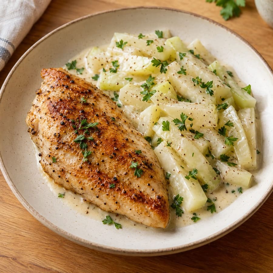 Hähnchenbrust mit Kohlrabigemüse in Muskat-Rahm