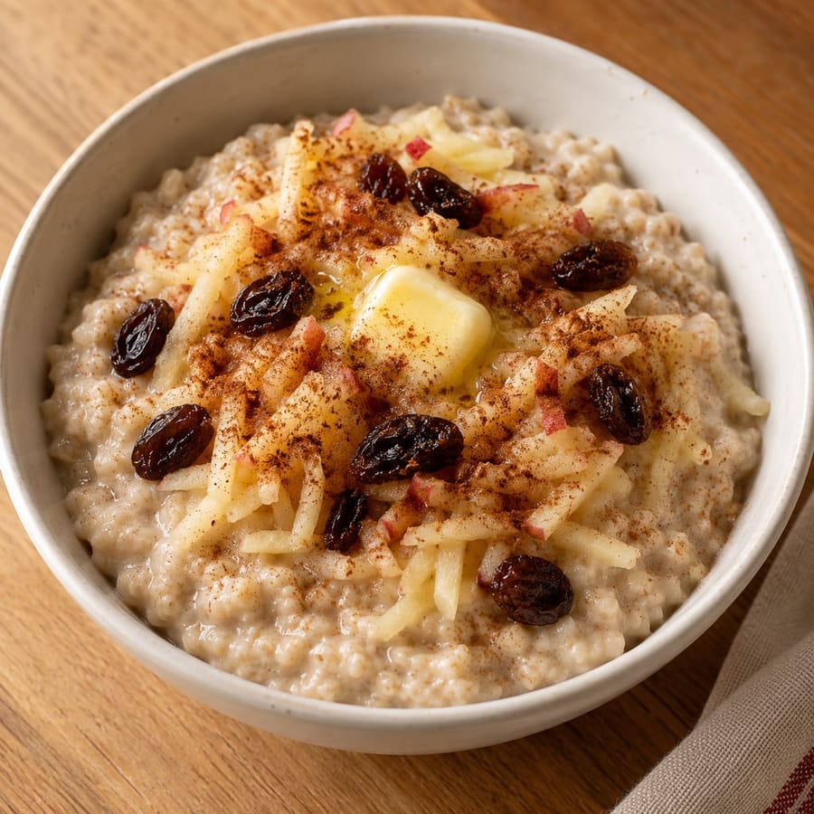 Havregrød (Danish oat porridge) with apple, raisins and cinnamon