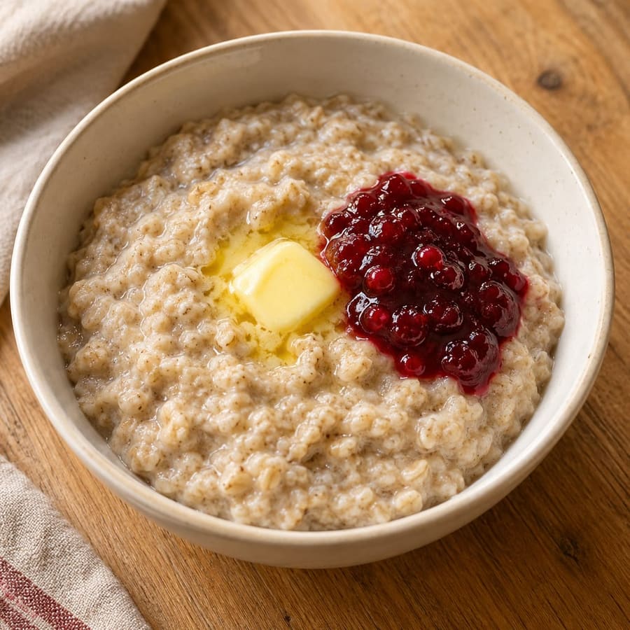 Havregrynsgröt (oat porridge with butter and lingonberry jam)