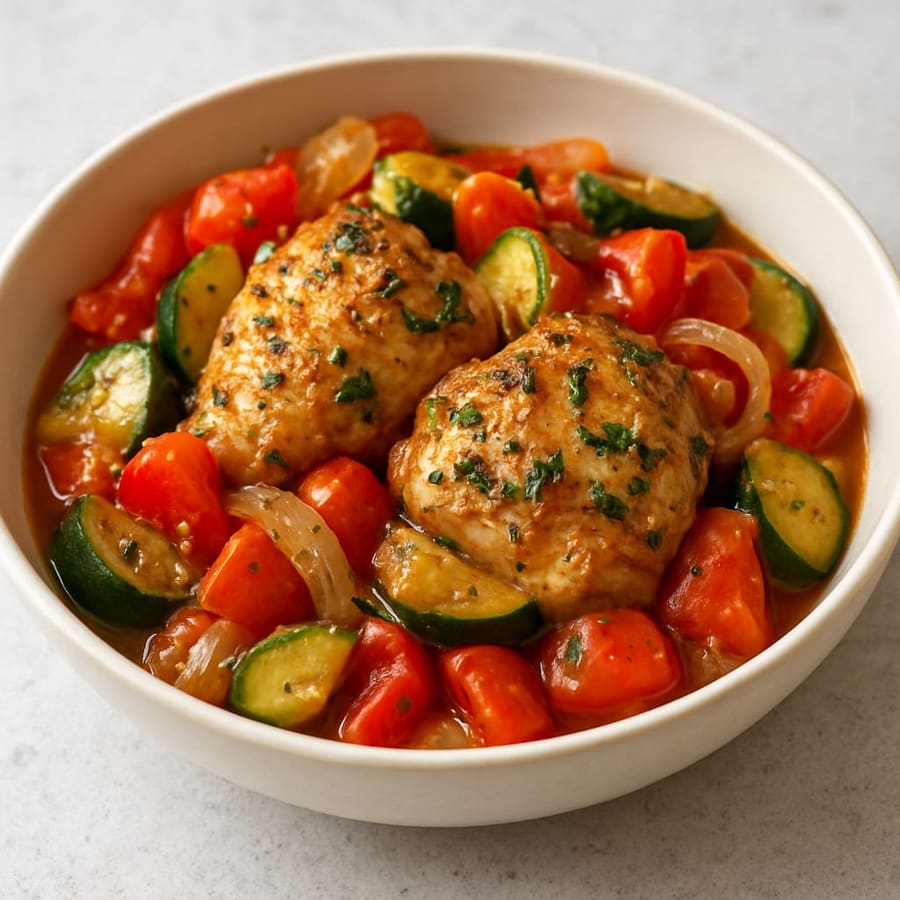 Kräuterhähnchen mit Zucchini, Paprika und Tomate