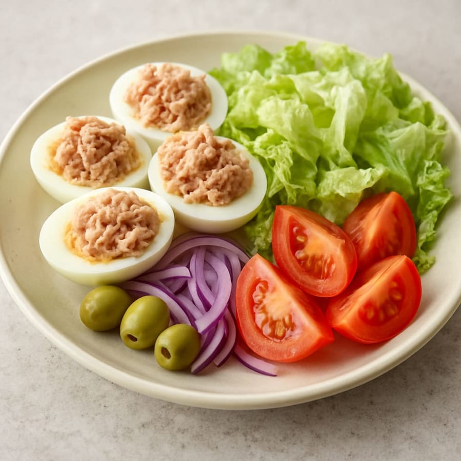 Huevos rellenos de atún con ensalada