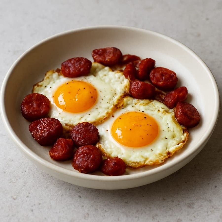 Zerbrochene Eier mit Chorizo