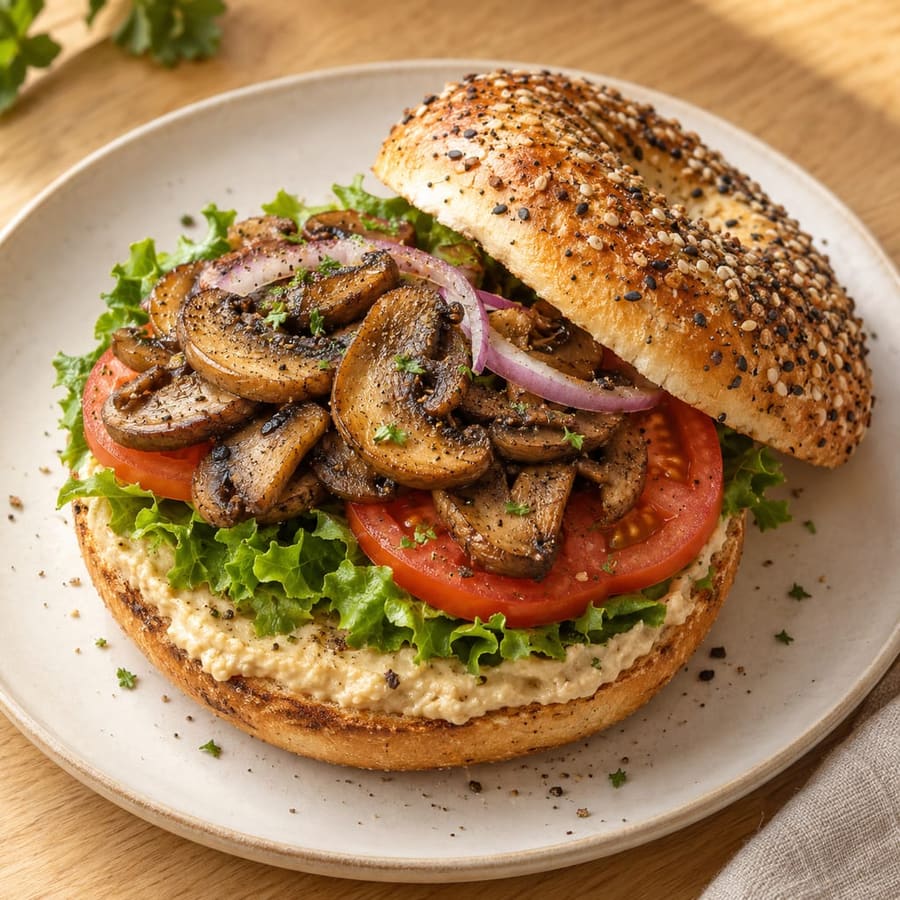 Bagel da colazione con hummus, funghi trifolati, pomodoro e lattuga
