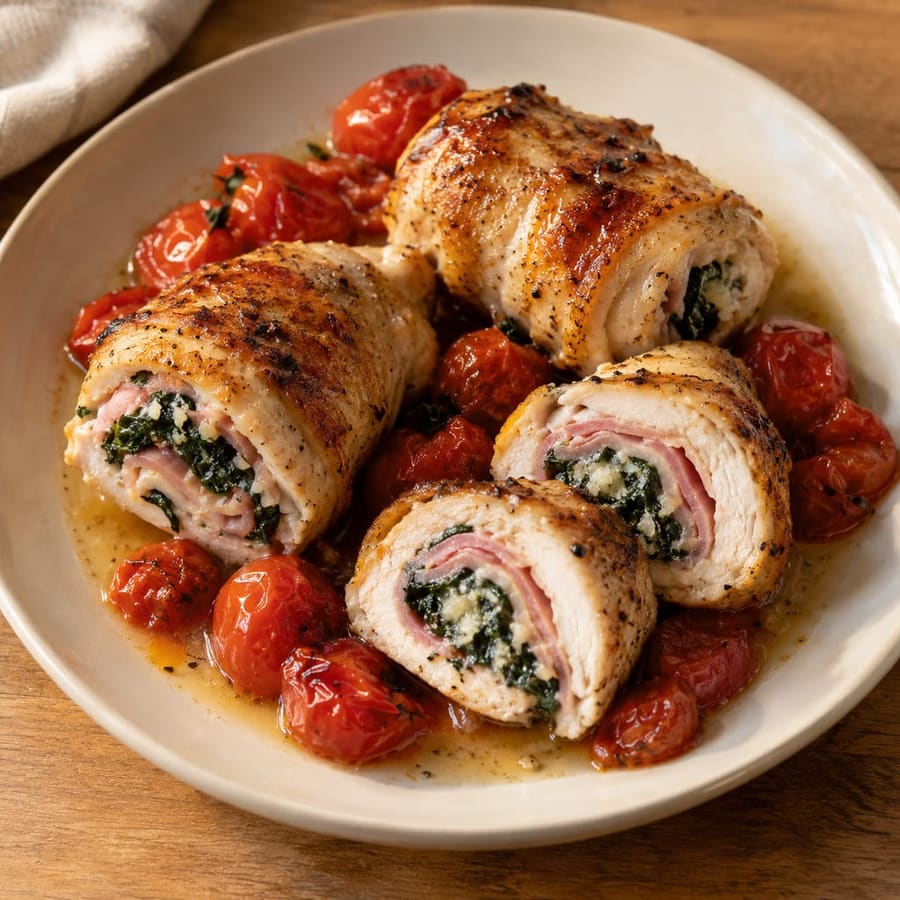 Hähnchenröllchen mit Spinat, Schinken und Parmesan