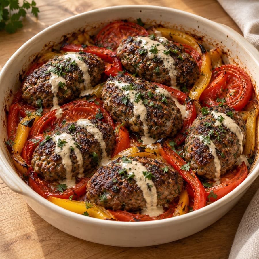 Kafta aus dem Ofen mit Tahin-Sauce und Tomaten