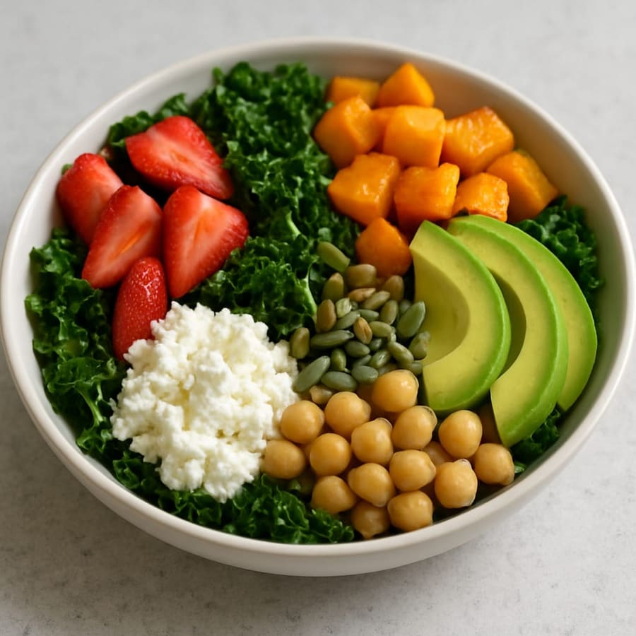 Grünkohlsalat mit Ricotta, Erdbeeren, geröstetem Kürbis, Kernen und Avocado