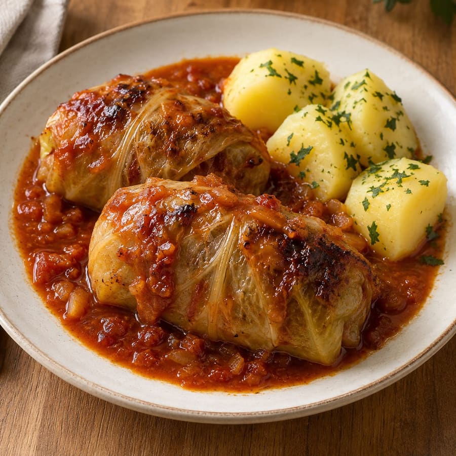 Kohlrouladen mit Hackfleisch in Tomatensoße und Kartoffeln