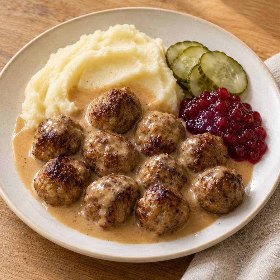 Köttbullar (schwedische Hackbällchen) mit Kartoffelpüree, Sahnesauce und Preiselbeeren