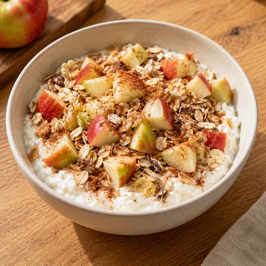 Kwark con muesli e mela (ciotola di quark alla cannella)