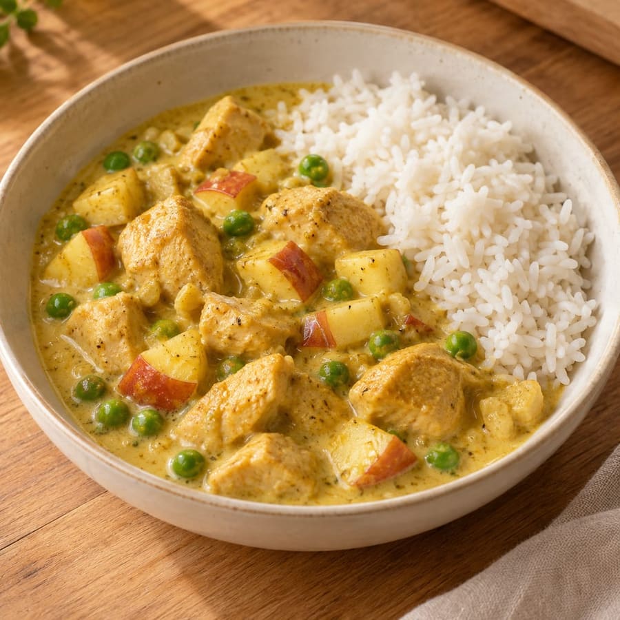 Kycklinggryta (Hähnchentopf) mit Curry, Apfel und Sahne, dazu Reis