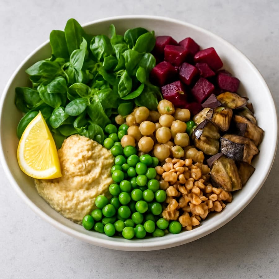 Feldsalat mit Hummus, Roter Bete, Aubergine und Basilikum-Walnuss-Dressing