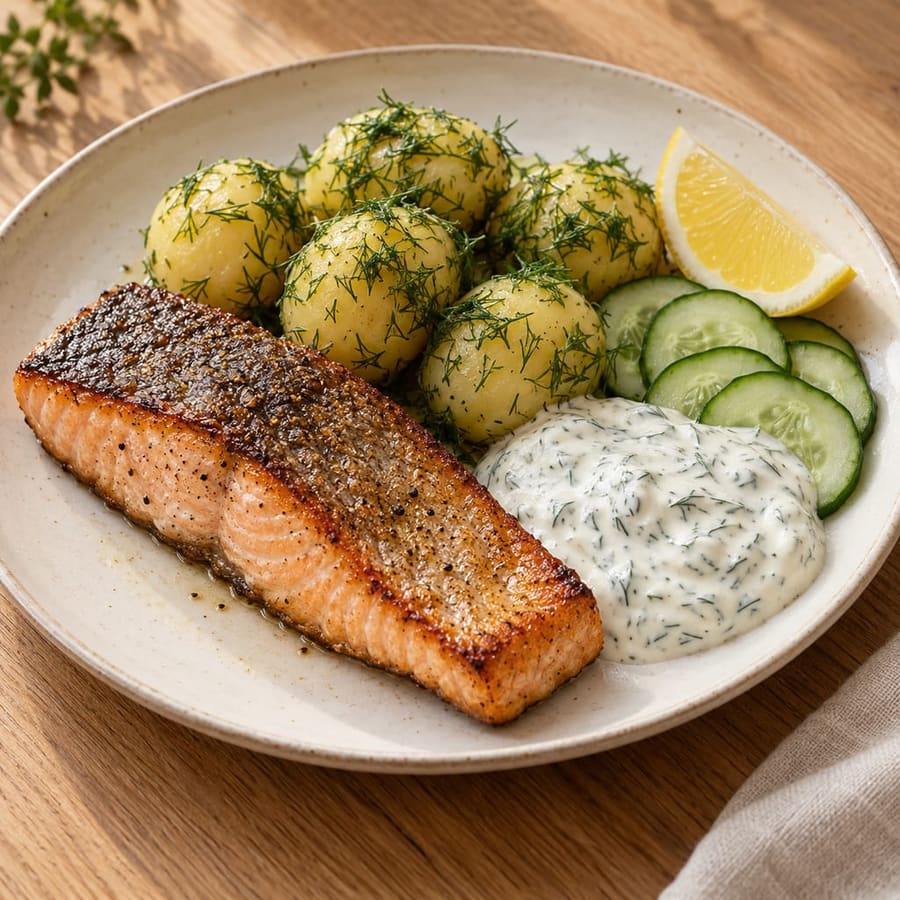 Laxfilé (Lachsfilet) mit Dillkartoffeln und Sauerrahmsauce
