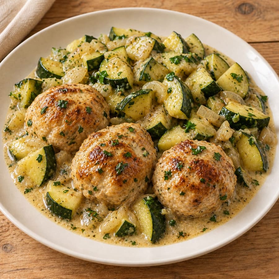 Putenbällchen mit Zucchini in Sahnesauce