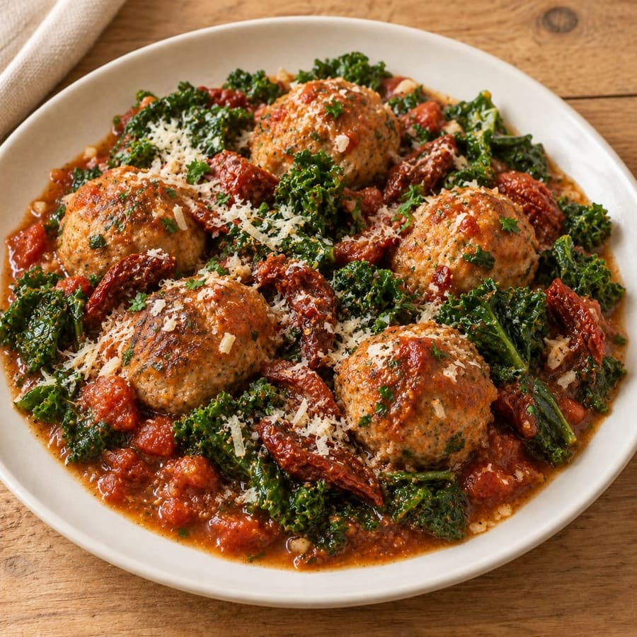 Putenbällchen in Tomatensauce mit Grünkohl