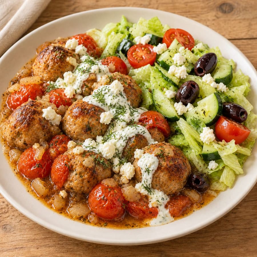 Putenbällchen mit Salat und Joghurt-Feta-Sauce
